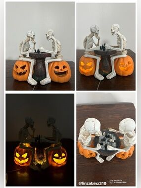 NWT- 2 Skeletons Playing Chess on LED Light Up Jack-o-lantern Pumpkin Seats